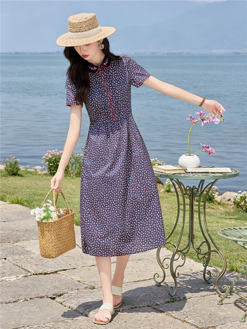 田园风碎花刺绣连衣裙女春夏收腰显瘦中长裙（细节图颜色为准）,女装连衣裙,水衣源