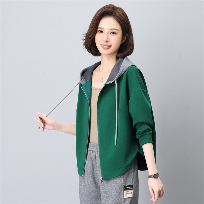 时尚气质休闲宽松撞色插肩袖连帽上衣女外套,女装短外套,依恋蒂丝
