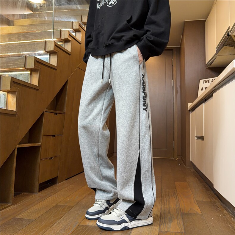 美式复古格子拼接运动裤男直筒休闲裤阔腿卫裤K25101*P45控78，男装休闲裤，星座227-1