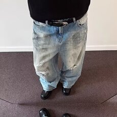 美式高街做旧脏染蓝色破洞牛仔裤宽松直筒街头嘻哈痞帅裤子NK2244，男装牛仔裤，星座208-5