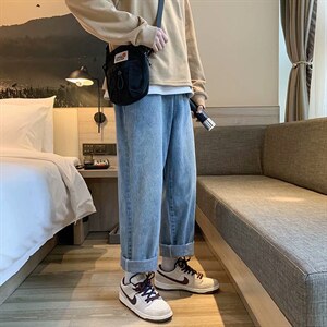 主推 蓝色牛仔裤宽松直筒哈伦裤子男韩版潮流潮牌阔腿裤kz89-p38图片