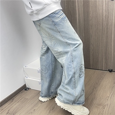 【现货】美式弯刀裤复古趣味涂鸦字母牛仔裤男P54Y1519，男装牛仔裤，星座1112-1