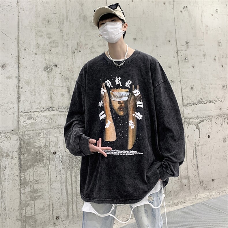 直播品质重磅纯棉美式蜡染水洗做旧潮牌宽松长袖t恤CT272特P38,男装T恤,电商A486