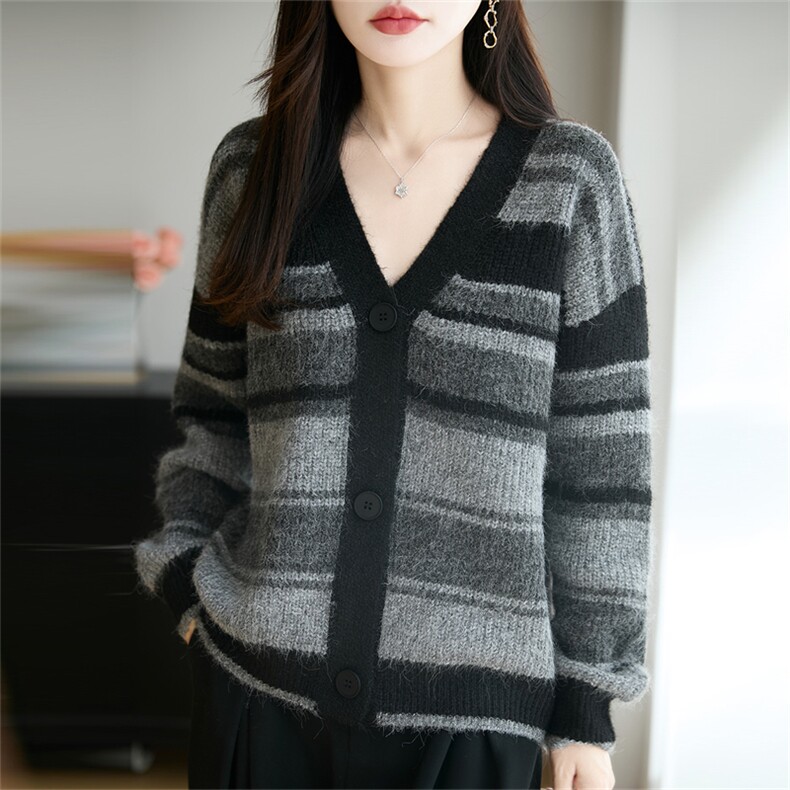 法式撞色复古条纹针织开衫女25新款加厚保暖外套毛衣巨好看上衣潮,针织衫/毛衣,郡淞羊绒