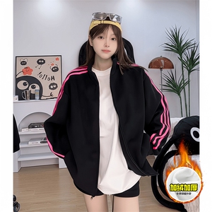 480G重磅加绒硬挺boxy男女秋冬美式高街三条杠立领卫衣开衫厚外套图片