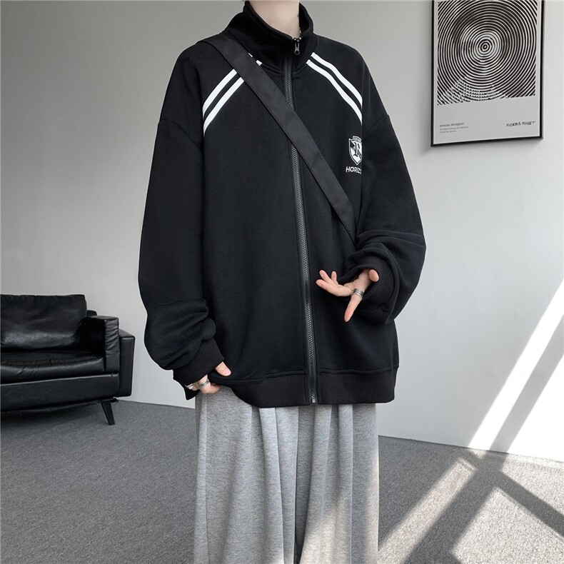 重磅条纹卫衣男开衫大码立领拼接上衣美式运动拉链外套JK5207/P65，女装短外套，电商B238