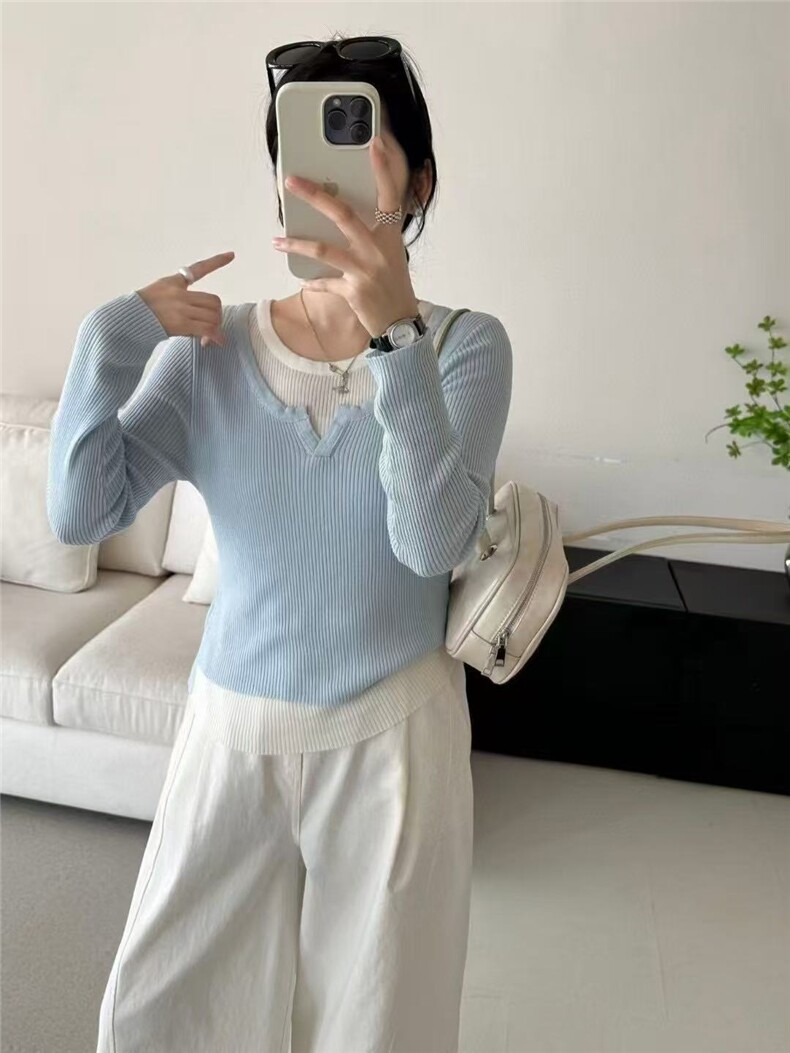 显瘦时尚百搭抽条圆领拼色假两件打底衫女款,女装蕾丝衫/雪纺衫,百纯羊绒