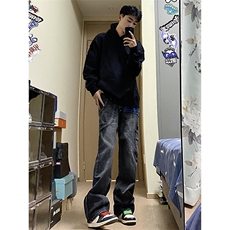 B221美式ins高街暗黑小众个性拼接直筒牛仔裤LK23141-P65控88，男装牛仔裤，电商B221
