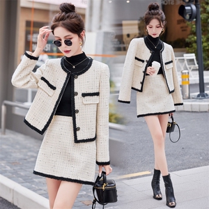30%羊毛【俪】冬装 百褶边棉服上衣+包臀短裙小香风套装307图片