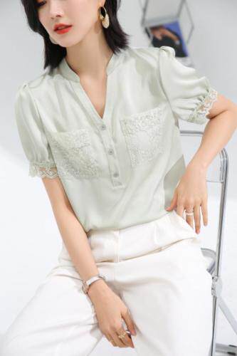 2021夏新款时尚V领口袋花边设计气质通勤减龄上衣，其它，秋子丰色(3F)