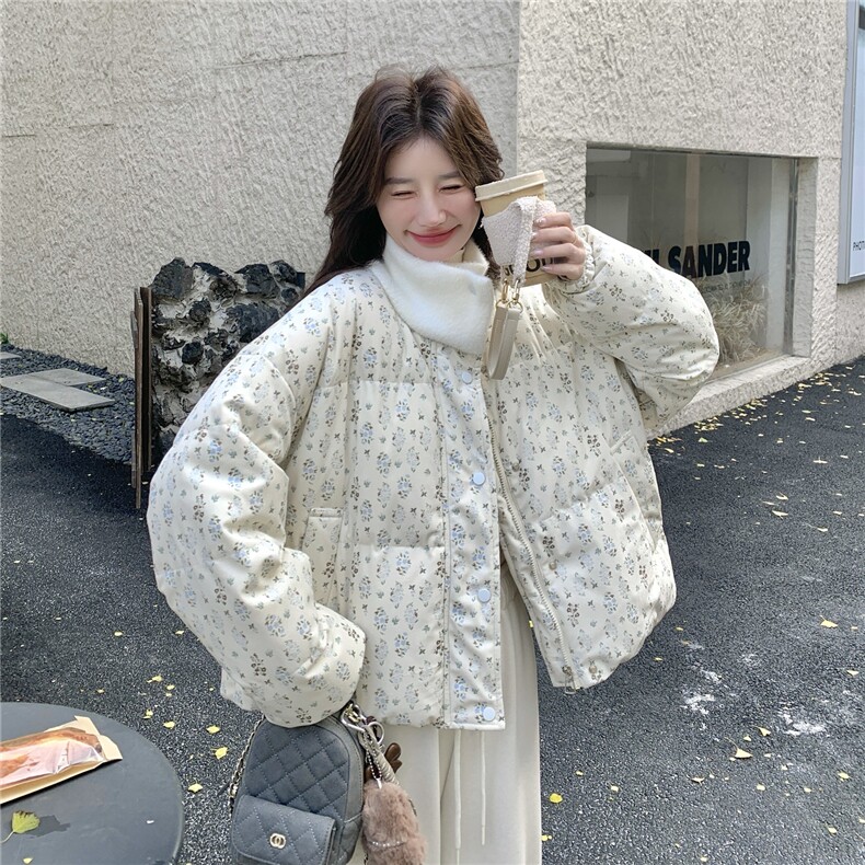 法式温柔风碎花立领短款羽绒服女2025冬季新款加厚保暖面包服外套,女装羽绒服,维壹