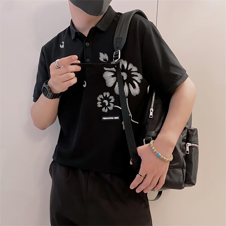 8973/P58控78夏季小伙轻熟风时尚翻领印花短袖男黑首1,男装T恤,星座305B