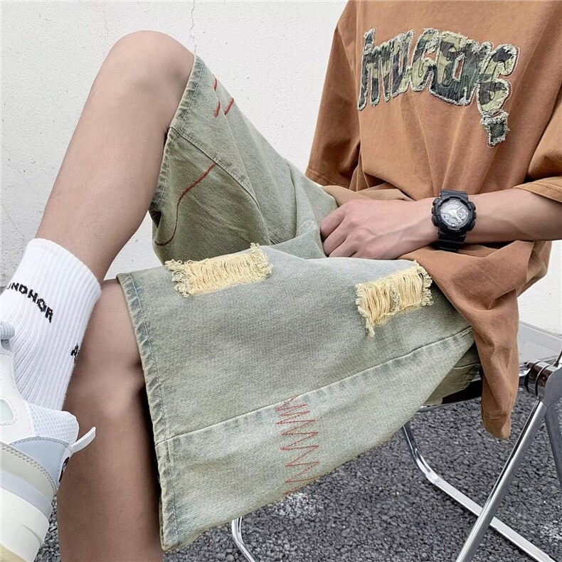 高街夏季破洞牛仔短裤男做旧阔腿五分裤宽松裤子 D6607-P36图片