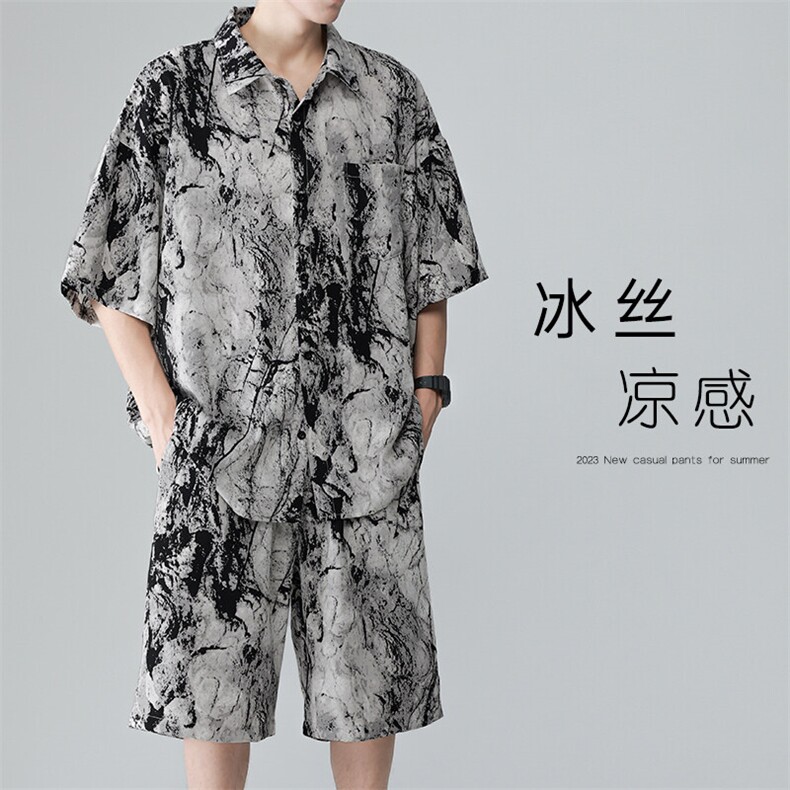 特批P45无差价夏季高街透气水墨画冰丝短袖衬衫短裤两件套装TZ088图片
