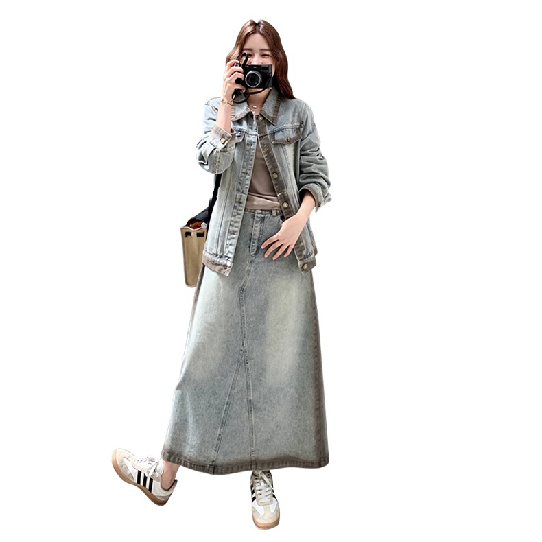 韩系复古牛仔外套半身裙套装女2025春秋季新款韩系减龄显瘦两件套,女装套装/套裙,2C292