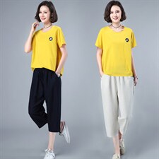 HANYU夏装新款两件套装女T恤小衫女小雏菊绣花点缀宽松显瘦，女装套装/套裙，涵誉