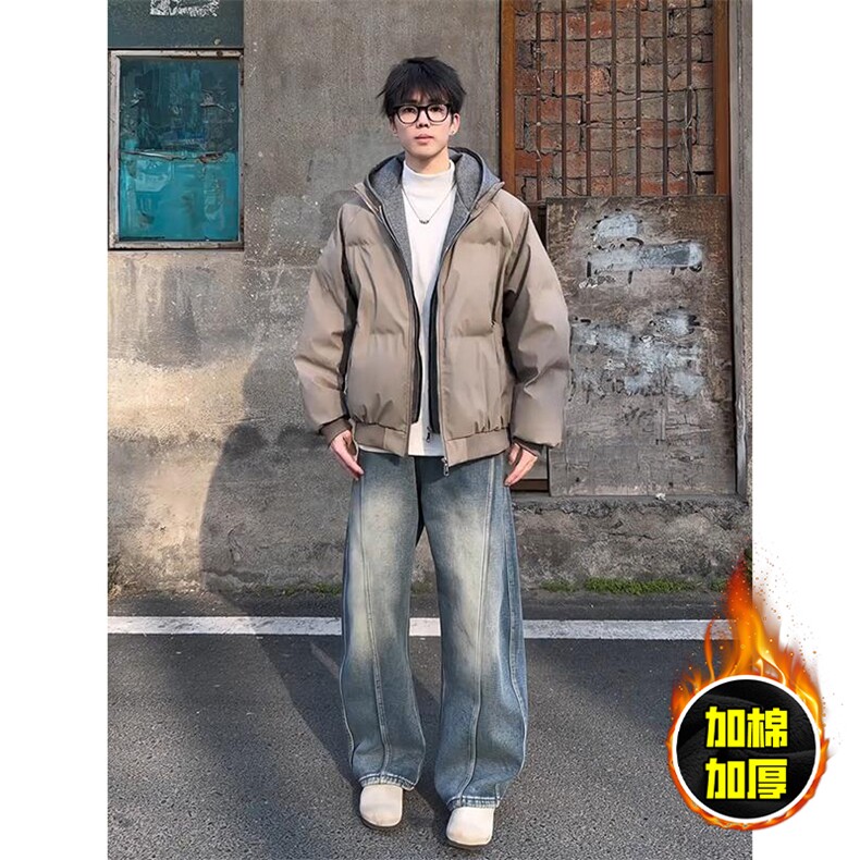 现货高品质重磅工艺美式高街假两件PU皮棉衣男女加厚棉服外套，男装棉衣，电商A443