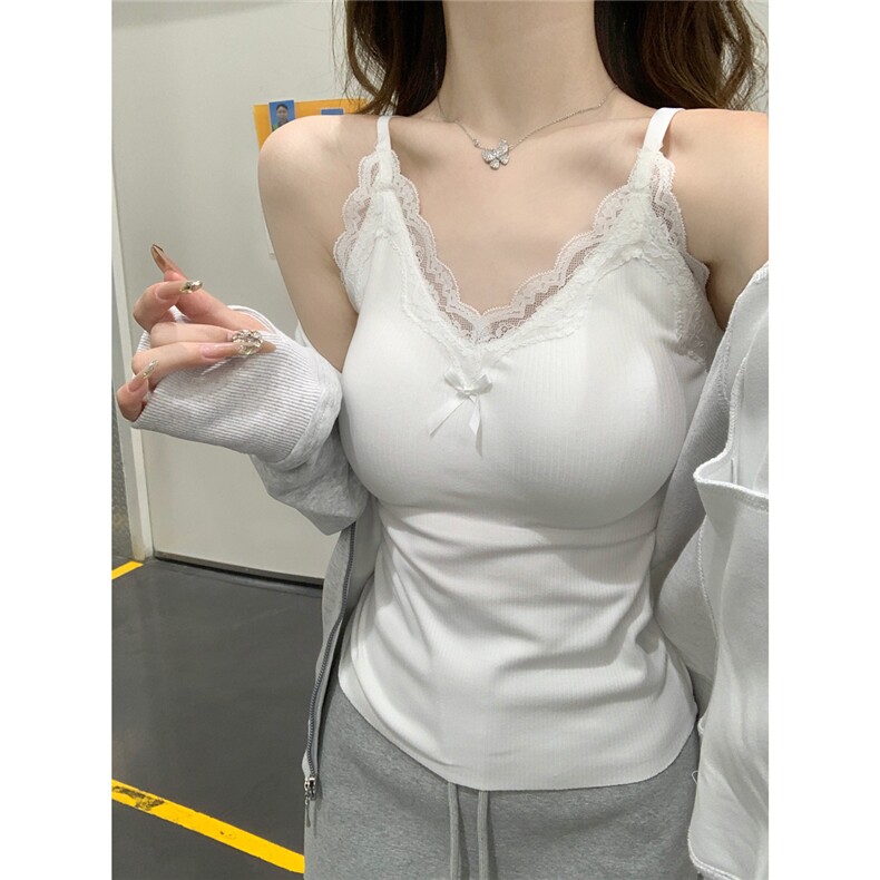 早秋韩版v领纯欲蕾丝边带胸垫肩带可调节内搭吊带背心女,女装背心吊带,梦白服饰厂
