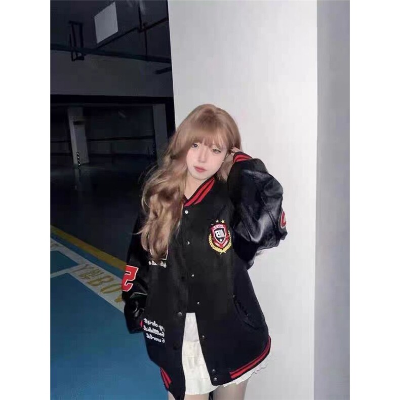潮高街徽章刺绣pu皮拼接夹克男女青少年学生百搭潮流棒球服外套图片