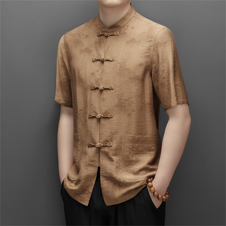 中山装男士短袖衬衫夏季中老年唐装衬衣爸爸装结婚礼服套装P108,男装衬衫,钱塘6003B