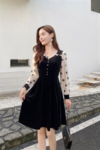 2021现货蝴蝶袖丝绒小香风连衣裙,女装连衣裙,秀水百合