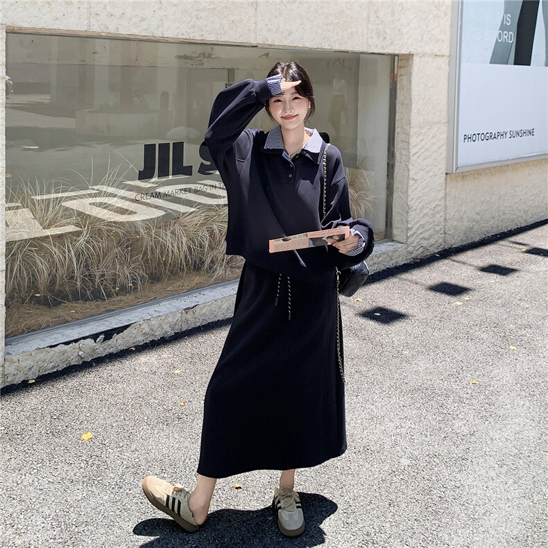 慵懒风穿搭格子拼接卫衣套装女秋季2025新款休闲显瘦半身裙两件套,女装套装/套裙,2C293