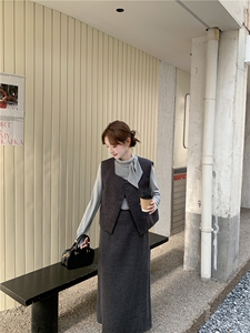 通勤风灰色马甲套装女2025秋季新款高级感显瘦半身裙打底衫三件套图片
