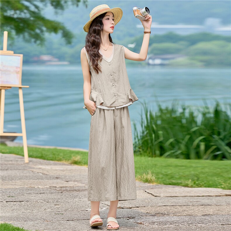 2026年夏季老钱风天丝亚麻马甲加阔腿裤套装,女装套装/套裙,E百度