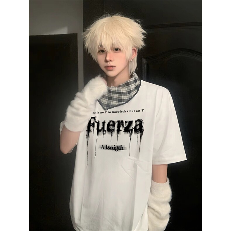 抖音得物供货210克现货宽松纯棉美式潮牌印花落肩袖纯棉T恤AT2161,男装T恤,电商A443