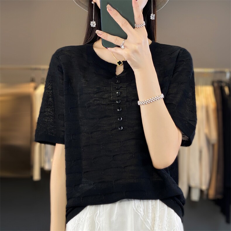 23夏季薄款竹节麻V领针织短袖女百搭纯色套头T恤宽松显瘦半袖上衣,针织衫/毛衣,大美人包芯纱店
