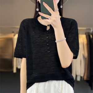 23夏季薄款竹节麻V领针织短袖女百搭纯色套头T恤宽松显瘦半袖上衣图片