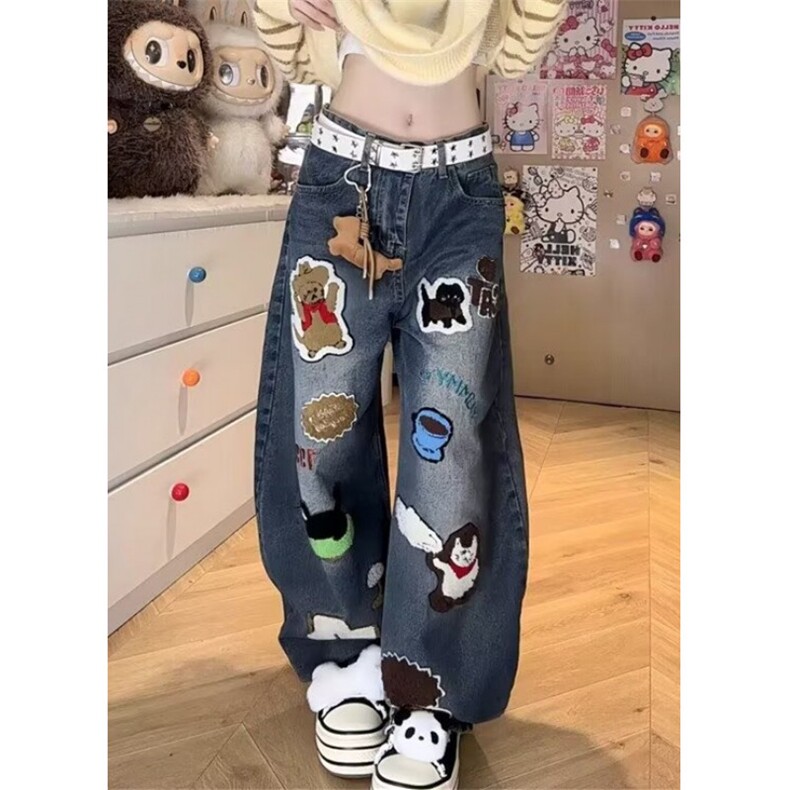 卡通涂鸦蓝色牛仔裤女春夏设计感小众宽松显瘦直筒阔腿裤N153,男装牛仔裤,星座1116A（原606A-3）
