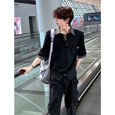 S234韩系学院风假两件Polo衫短袖t恤华夫格拼接格纹宽松撞色上衣，男装T恤，星座308A-1（原309B-1）