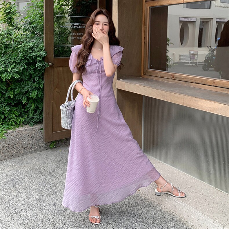 气质长款V领荷叶边温柔连衣裙女夏季2025文艺日系绝美高级感长裙,女装连衣裙,浙宝305