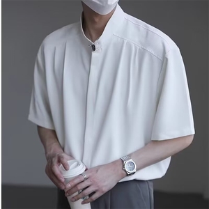 新中式立领男士衬衫短袖夏季冰丝痞帅高级感男装五分中袖无领衬衣图片