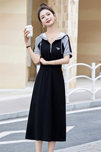 休闲时尚运动风卫衣连衣裙女2025夏季新款小个子连帽收腰气质长裙图片