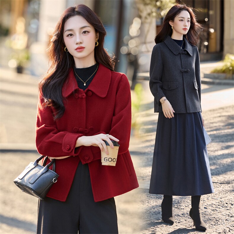 高级感红色毛呢外套女短款2025秋冬新款小个子翻领减龄双面呢大衣,女装毛呢外套,涵亦佰惠