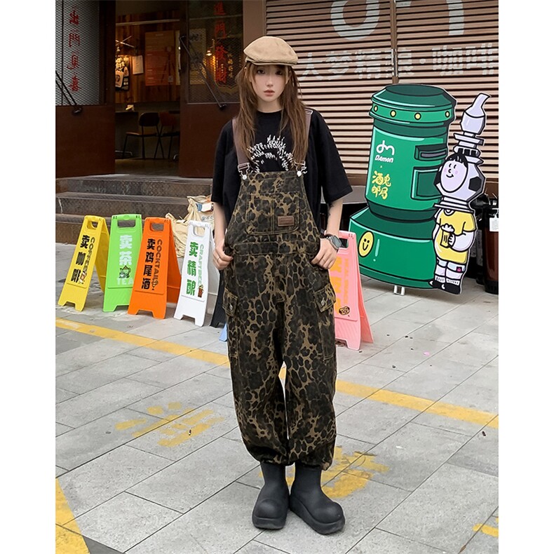 夏款男女牛仔背带裤工装大口袋豹纹直筒宽松长裤NK0612P70,男装工装外套,星座1013-1