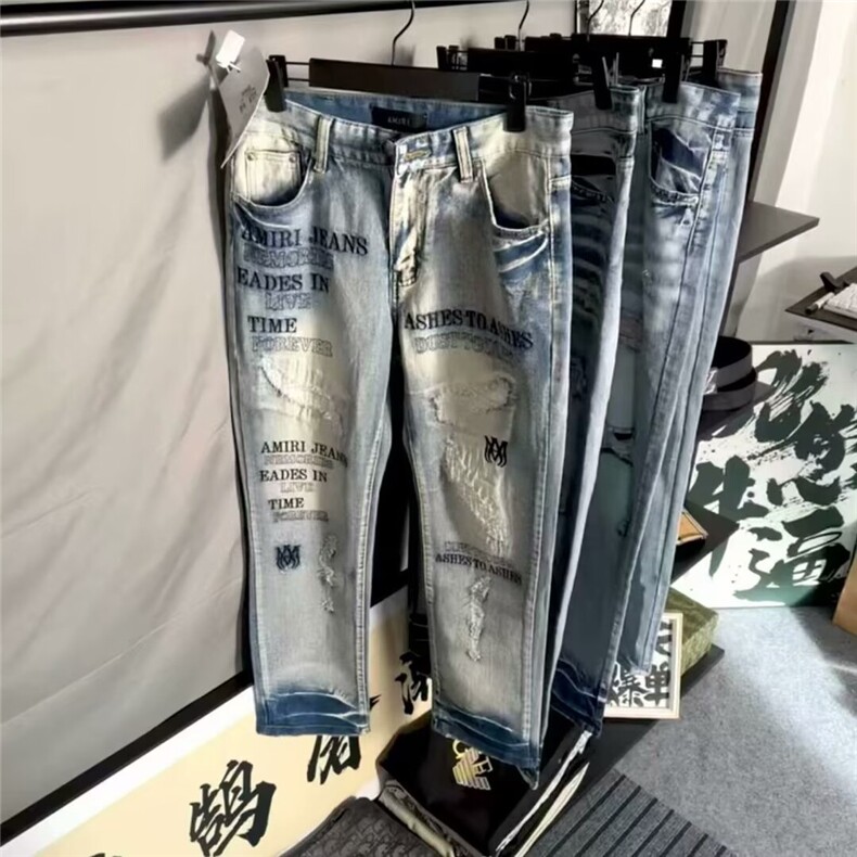 美式高街网红同款高品质AM字母刺绣牛仔裤男百搭修身微喇直筒长裤,男装牛仔裤,电商B212（原钱塘6029）