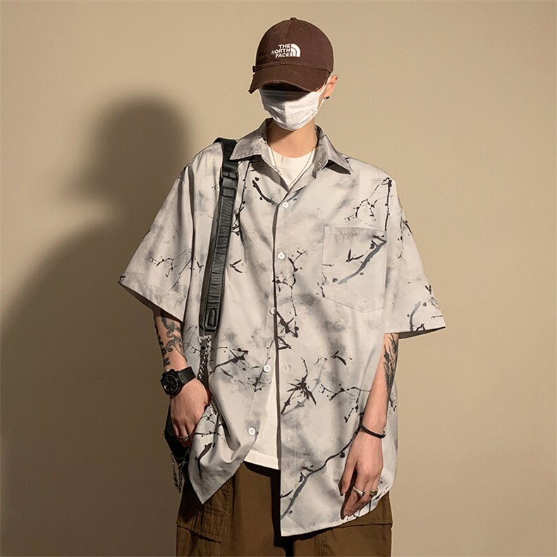 风墨竹衬衫X5531-TP25不控价复古印花中式青少年休闲宽松衬衫,男装衬衫,电商A102-1
