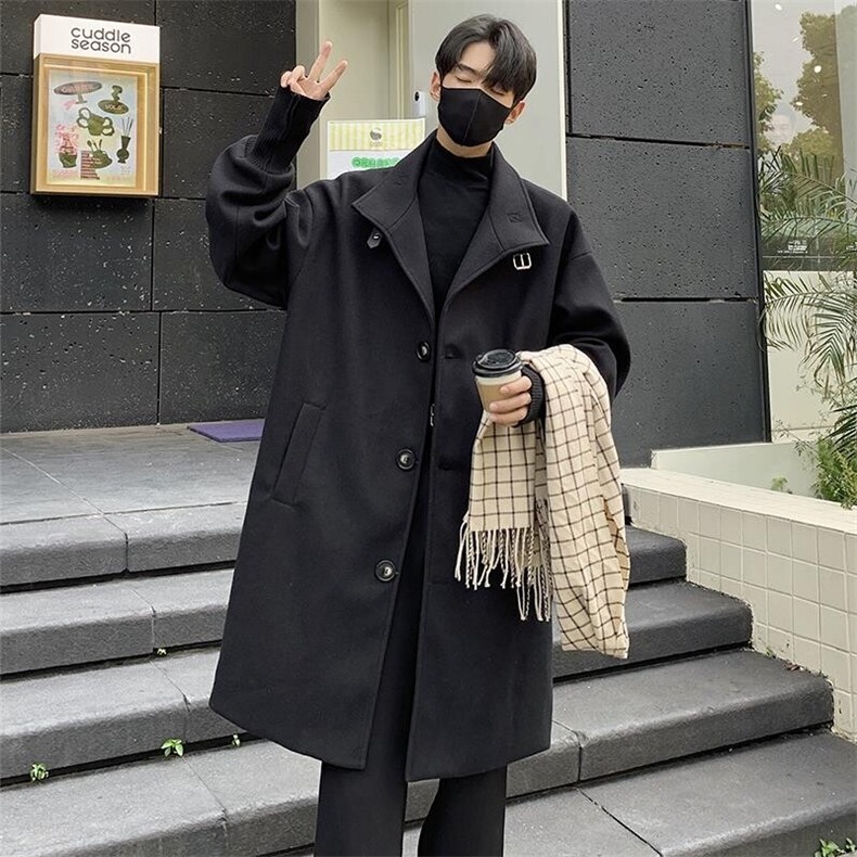 秋新港风休闲单排扣翻领大衣情侣款毛呢大码风衣外套J556-P110,男装毛呢大衣,电商A001-1