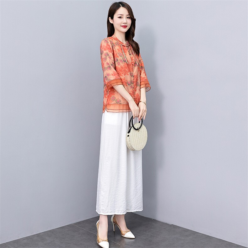 中年妈妈天丝麻套装女夏2024新款新中式印花盘扣小衫阔腿裤两件套,女装套装/套裙,涵墨