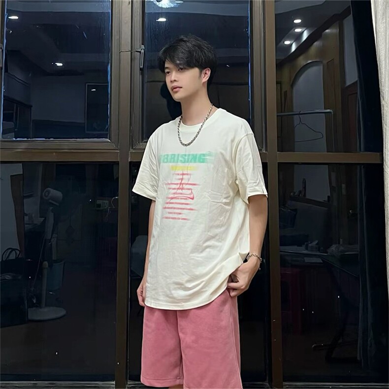 抖音得物 210克现货宽松纯棉美式潮牌印花落肩袖纯棉T恤AT21141图片