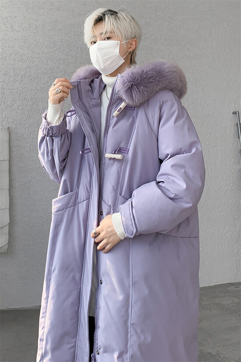 8XL-M90白鸭绒大毛领羽绒服男中长款过膝设计感牛角扣YRFC05P398,男装羽绒服,电商D206-1