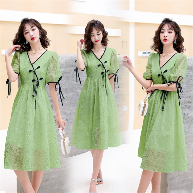 现货.2024年夏季V领时尚气质潮流中长款百搭韩版优雅连衣裙，女装连衣裙，尚洛菲