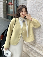 黄色V领飘带双面呢羊毛外套女秋冬2025新款高级感爆款小个子大衣，女装毛呢外套，慧尚2-185