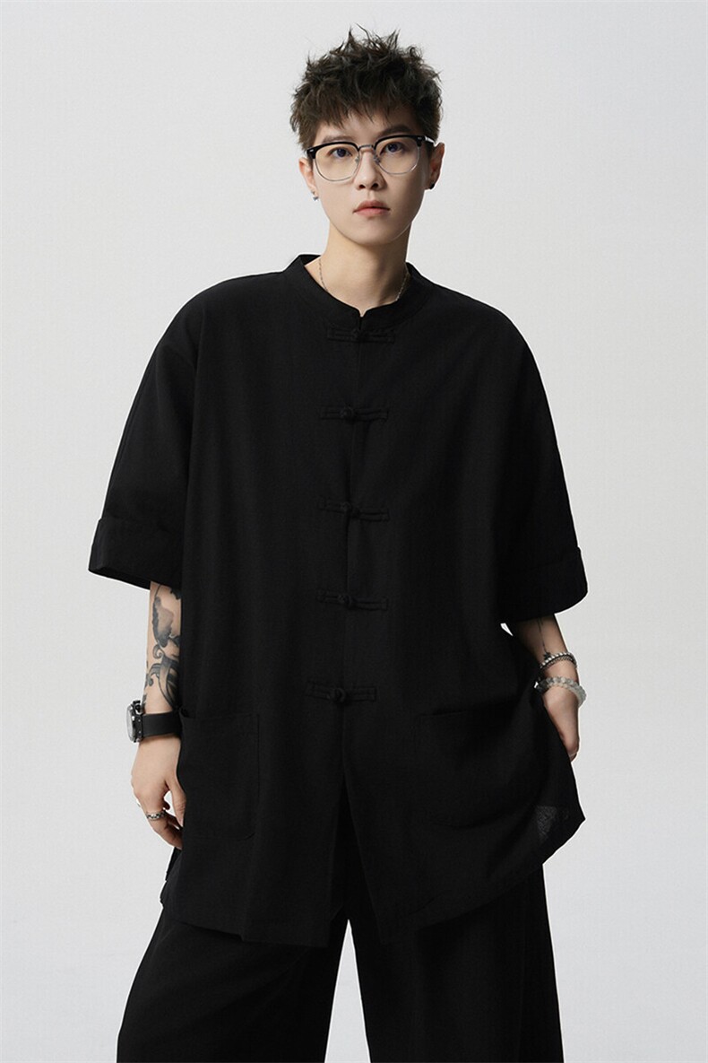 8XL-M新中式衬衫男中山装麻棉风复古中袖衬衣唐装CS527P60,男装衬衫,电商D206-1