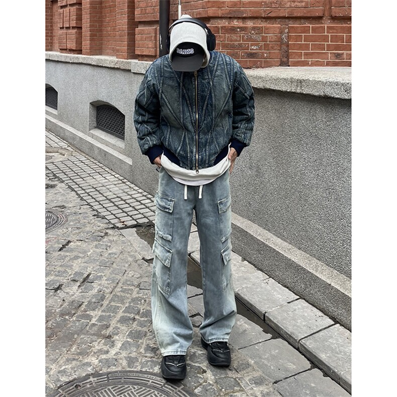 B221美式ins高街重工艺宽松做旧工装牛仔裤子LK23143-P80控108,男装牛仔裤,电商B221