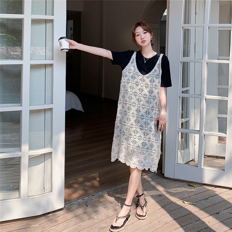 韩系蕾丝镂空吊带连衣裙叠穿T恤裙慵懒两件套2025夏日绝美小裙子,女装套装/套裙,2C053