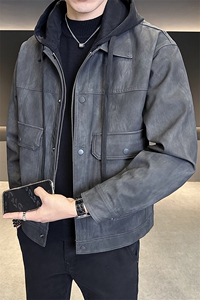 加绒加厚假两件连帽可拆卸男装皮衣外套夹克C317-J6662-P170图片
